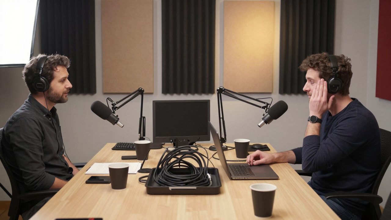 Podcast table with boom arms and acoustic panels.