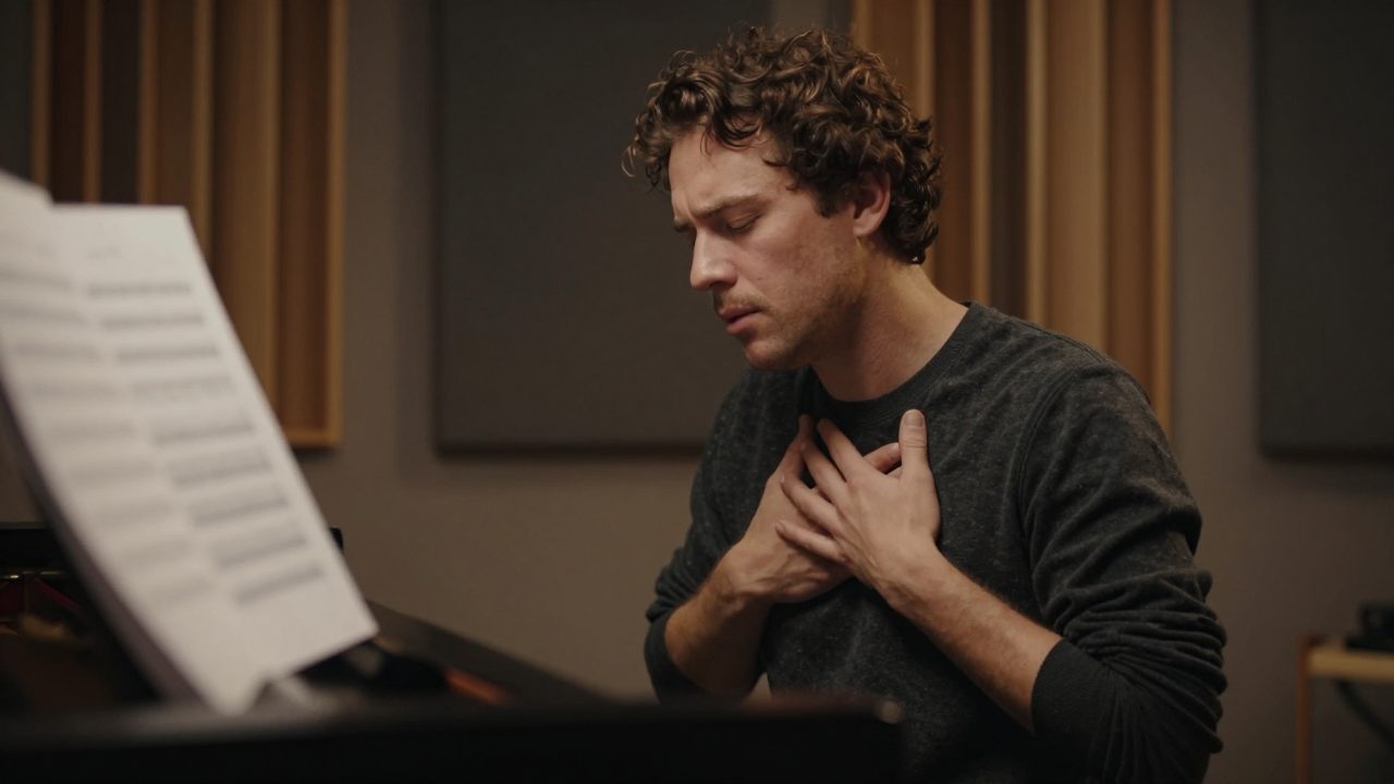 Singer doing warm-up exercise by piano in studio.