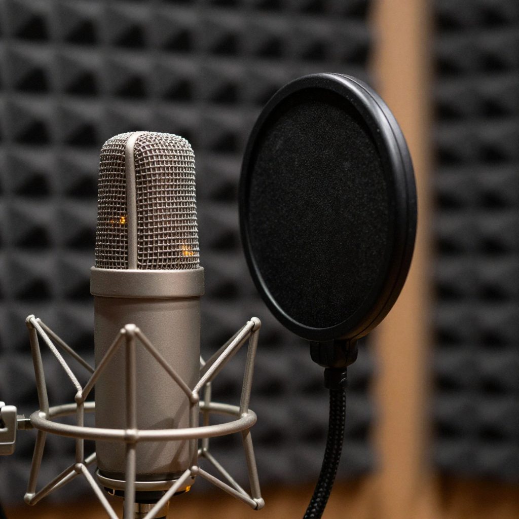 Close-up van studiomicrofoon met popfilter in booth.