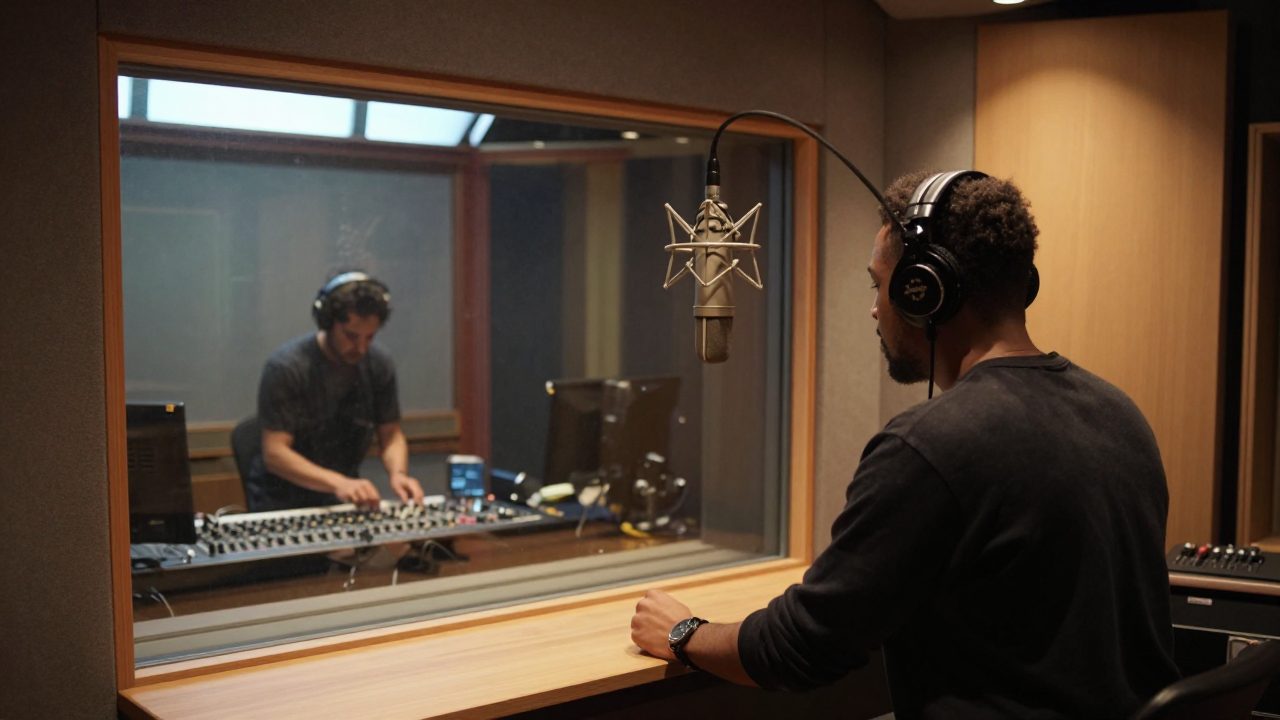 Singer in iso booth with engineer at mixing desk in studio.