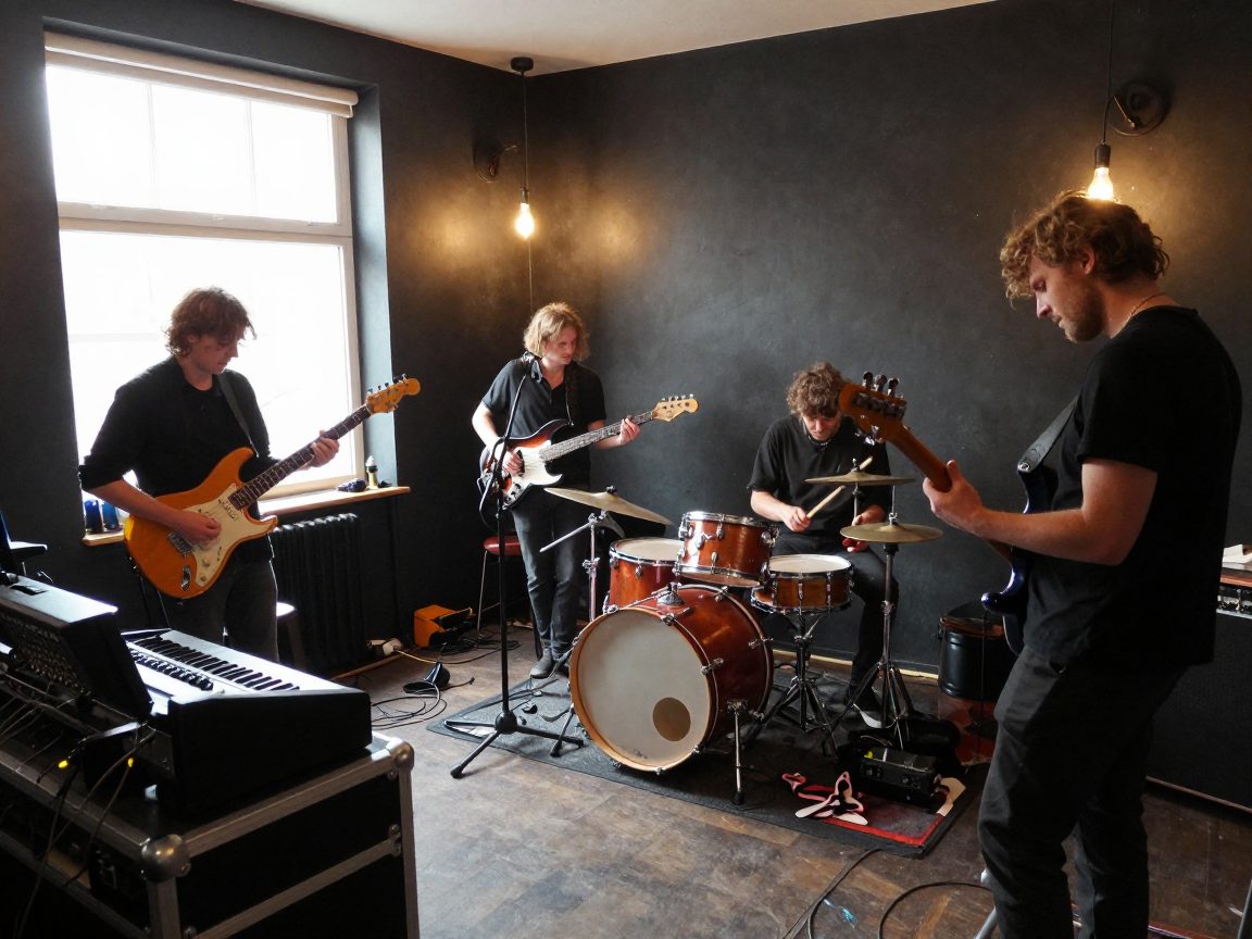 Band speelt demo in live room met engineer opnemen.