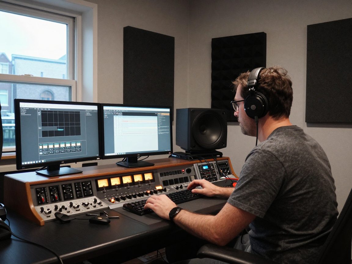 Mastering-engineer tussen monitors en rack-apparatuur.