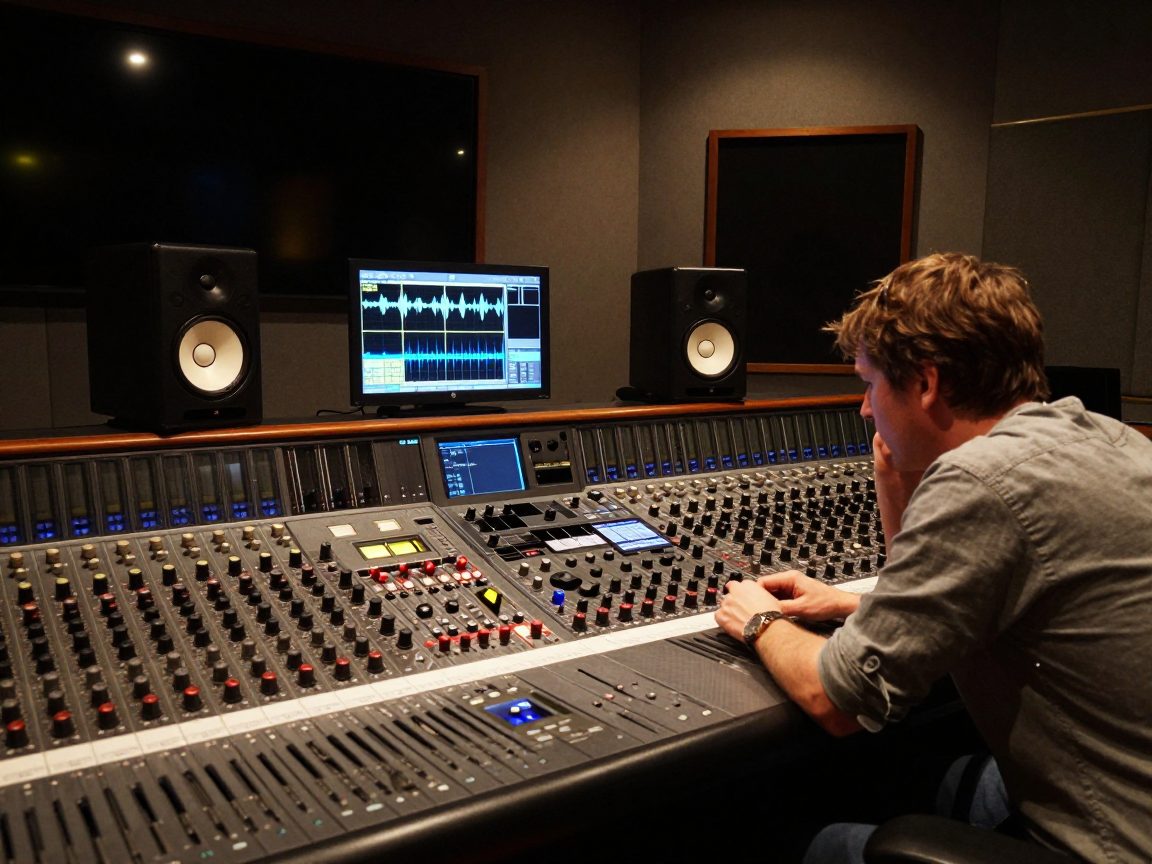 Mix-engineer achter mengtafel met monitors in control room.
