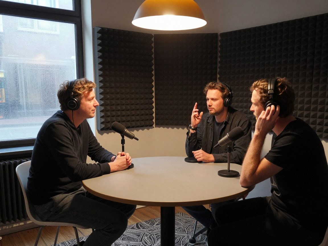 Twee podcasters met microfoons aan ronde tafel in studio.