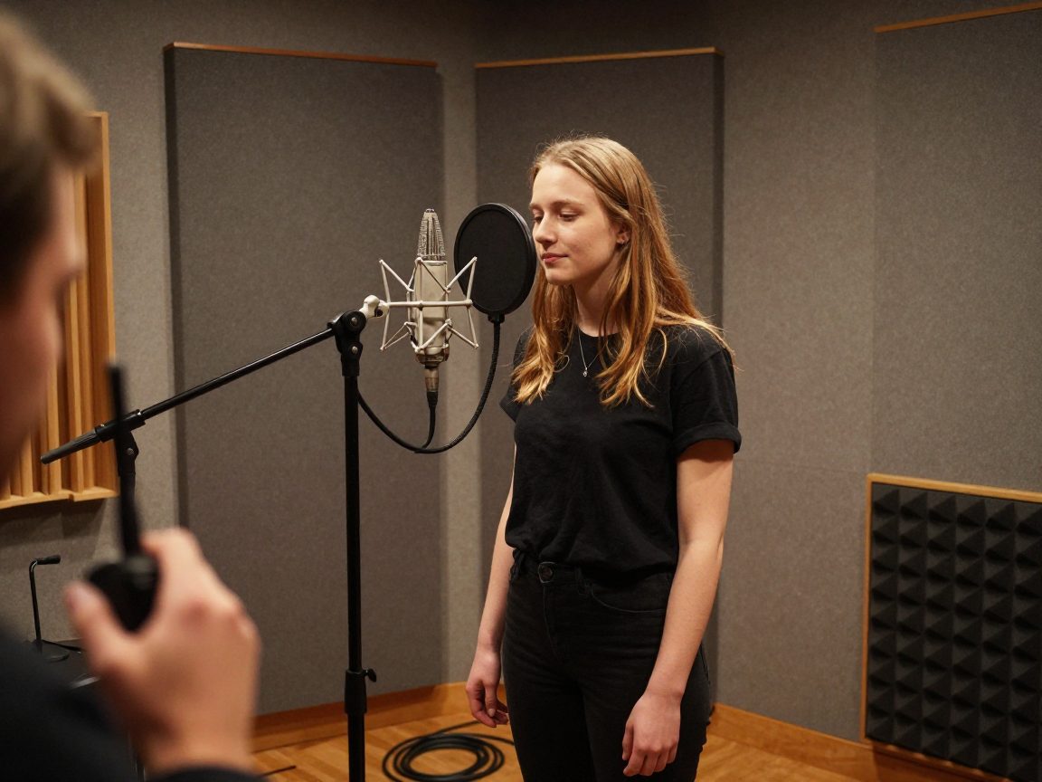 Zanger bij microfoon in behandelde vocal booth.