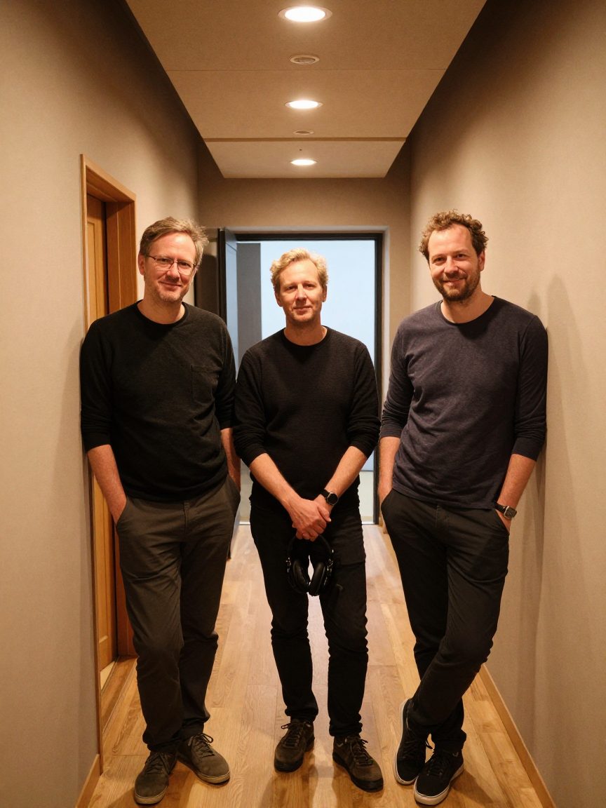 Drie teamleden in gang van opnamestudio Amsterdam.